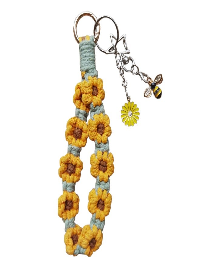FAUDRECRO Wristlet Flower Keychain, Macrame Boho Crochet Keyring, Wrist Lanyard, Cute Bracelet with Daisy Bee Charm, Car Key Holder for Xmas Gift (yellow) - Image 1